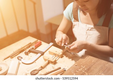 Woman Carpentry At Home, Wooden Work Concept