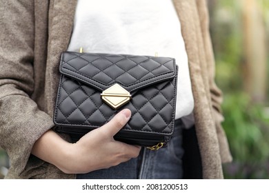 Woman Carrying Leather Luxury Fashion Handbag Outdoor