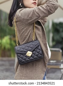 Woman Carrying Leather Luxury Fashion Handbag Outdoor