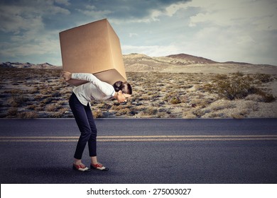 Woman Carrying On Her Shoulders A Large Box 