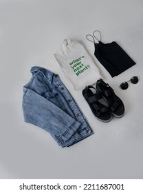 Woman Casual Jeans Jacket Flat Lay Fashion