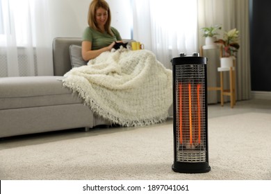 Woman With Cat At Home, Focus On Electric Halogen Heater