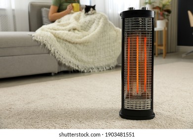 Woman with cat at home, focus on electric halogen heater, closeup