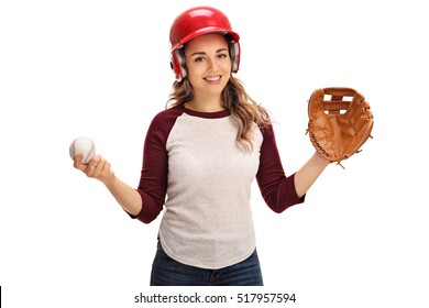 Woman with a catcher glove and a baseball isolated on white background - Powered by Shutterstock