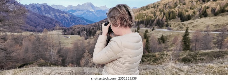 A woman of Caucasian descent captures stunning autumnal mountain scenery with a camera, embodying adventure and nature exploration Dolomite Alps, Dolomites - Powered by Shutterstock