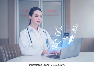 Woman caucasian doctor using computer check patient data document 