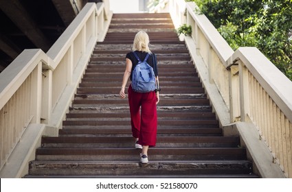 Woman Caucasian Traveler Walk Stair  