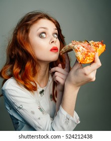 
Woman Caught For Eating Pizza. Diet. Fast Food