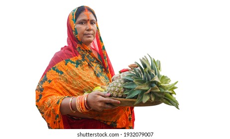 Woman Celebrating Chhath Pooja On A White Background