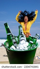 Woman Celebrating Goal Drinking Beer