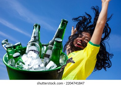 Woman Celebrating Goal Drinking Beer