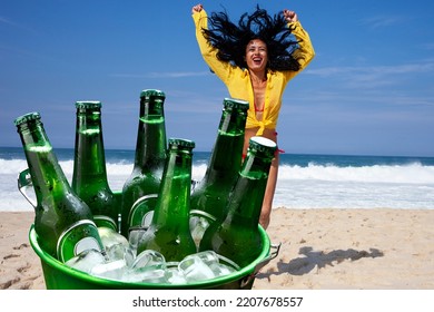 Woman Celebrating Goal Drinking Beer, Brazil