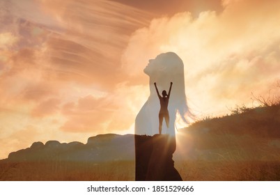 Woman celebrating on a mountain looking up to the sky. Letting go of all your mental fears. Hope, mental strength concept. Double exposure.  - Shutterstock ID 1851529666
