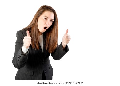 Woman Celebrating With Thumbs Up.  Isolated On White Background. Business Woman 40-45 Years Old.