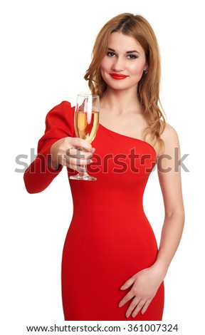 woman with champagne glass in red gown