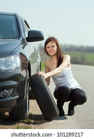 Woman Changing Car Wheel Road Stock Photo Shutterstock
