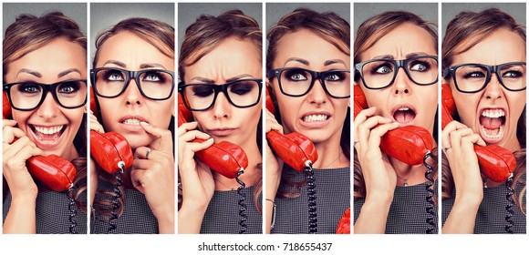 Woman changing emotions from happy to angry while answering the phone