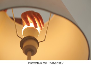 Woman Changing Light Bulb In Lamp