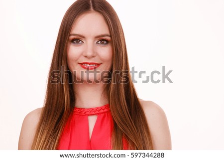 Woman charming girl colorful eyes makeup red lips. Portrait of attractive female long straight hair on white.