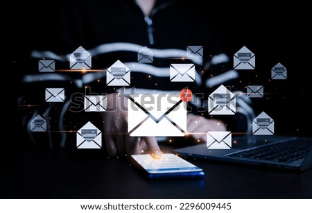 Woman checking email and sending email on smartphone. New email notification concept for business e-mail communication and digital marketing. Inbox, receiving electronic message alert.