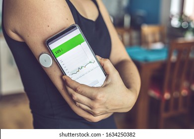 Woman Checking Glucose Level With A Modern Technology Remote Sensor And Mobile Phone, Without Blood. Diabetes Treatment.