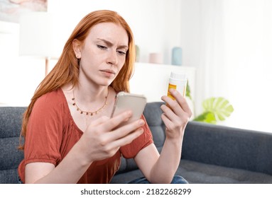 Woman checking medicine pill components on internet