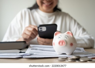 Woman Checking Money Save Interest And Profit On Mobile Phone. Online Banking Transaction Concept By Woman Use Smartphone App Access Bank Account Online For Bill Payment And Transaction Checklist.