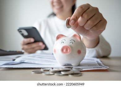 Woman Checking Money Save Interest And Profit On Mobile Phone. Online Banking Transaction Concept By Woman Use Smartphone App Access Bank Account Online For Bill Payment And Transaction Checklist.