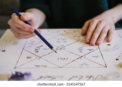 Woman Checking Natal Chart. Beautiful Hand Drawn Astrology Background.