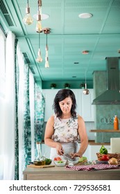 Woman Chef Chopping Herbs For Preparing A Gazpacho, Spanish Traditional Cold Soup