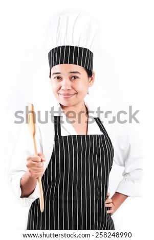Woman chef holding a ladle in hand, Isolated white background
