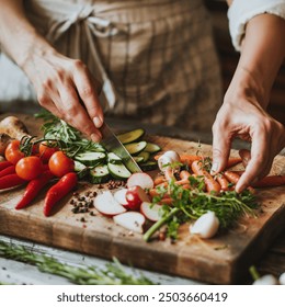 Woman chef's hands cooking. Vegetables. Close-up, white and beige, natural lighting, minimal aesthetic. - Powered by Shutterstock