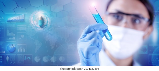 Woman chemist examining a test-tube with blue liquid while working at drugs synthesis in scientific background with data, chart and pill 3d illustration.