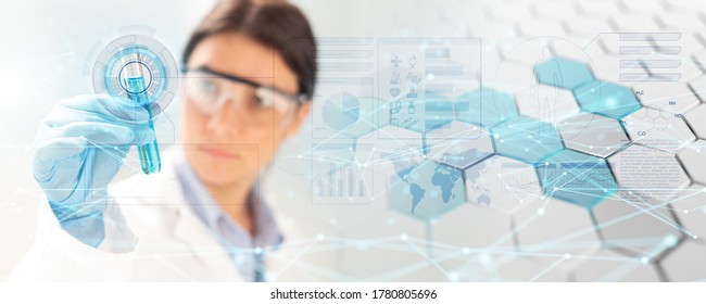 woman chemist holding a test-tube in a blurred scientific background, concept of molecular biology and chemical research