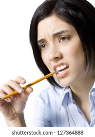 Woman Chewing The Pencil In Anxiety