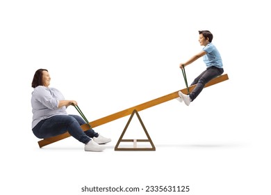 Woman and a child playing on a seesaw isolated on white background - Powered by Shutterstock