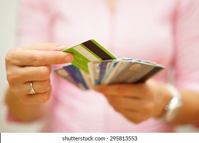 Woman Choose One Credit Card From Many, Concept Of  Credit Card Debt,