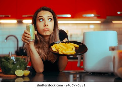 
					Woman Choosing Between Healthy Smoothie and Unhealthy Fries. Undecided girl feeling guilty about nutritional choices counting calories
					