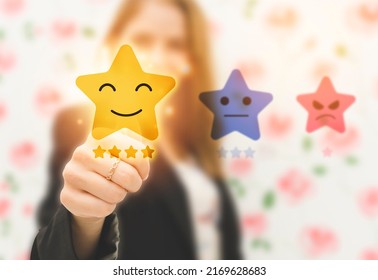 Woman Choosing Happy Smile Face On Five Star Excellent Rating Virtual Touch Screen, Good Feedback Rating And Positive Customer Review,experience, Satisfaction Survey,mental Health Assessment