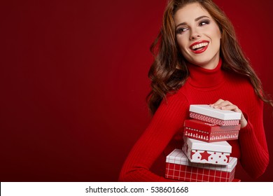 Woman With Christmas Box Gift