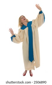 Woman In Church Choir Robe With Her Arms Raised In Charismatic Praise To God.  Shot Isolated On White Background.  Horizontal Orientation.