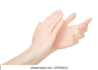 Woman clapping hands, applause isolated on white, clipping path included