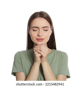 Woman With Clasped Hands Praying On White Background