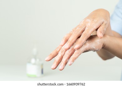 Woman Clean Hand By Anti Bacteria Soap To Protect COVID-19 Virus, Germ, Bacteria