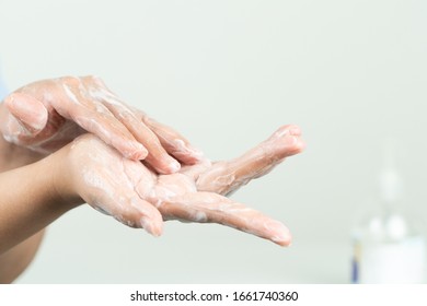 Woman Clean Hand By Anti Bacteria Soap To Protect Virus, Germ, Bacteria