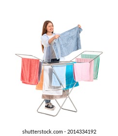 Woman With Clean Towels And Clothes Dryer On White Background