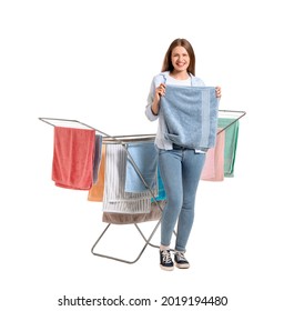 Woman With Clean Towels And Clothes Dryer On White Background