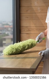 Woman Cleaner Cleaning Living Room In Apartment. Portrait Of Asian Woman Cleaning Staff Doing Housekeeping Or Domestic Helper Job. Young Adult Asian Woman Model