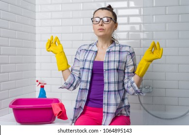 Woman Cleaning In The Bathroom At Home, Tired, Meditating