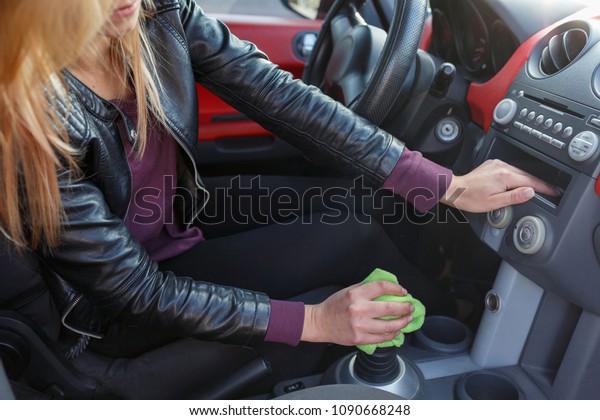 Woman Cleaning Car Dashboard Green Rag Stock Photo Edit Now